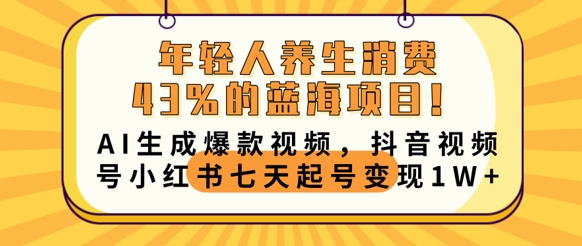 年轻人养生消费43%的蓝海项目，AI生成爆款视频，抖音视频号小红书七天起号变现1w-大学生副业网